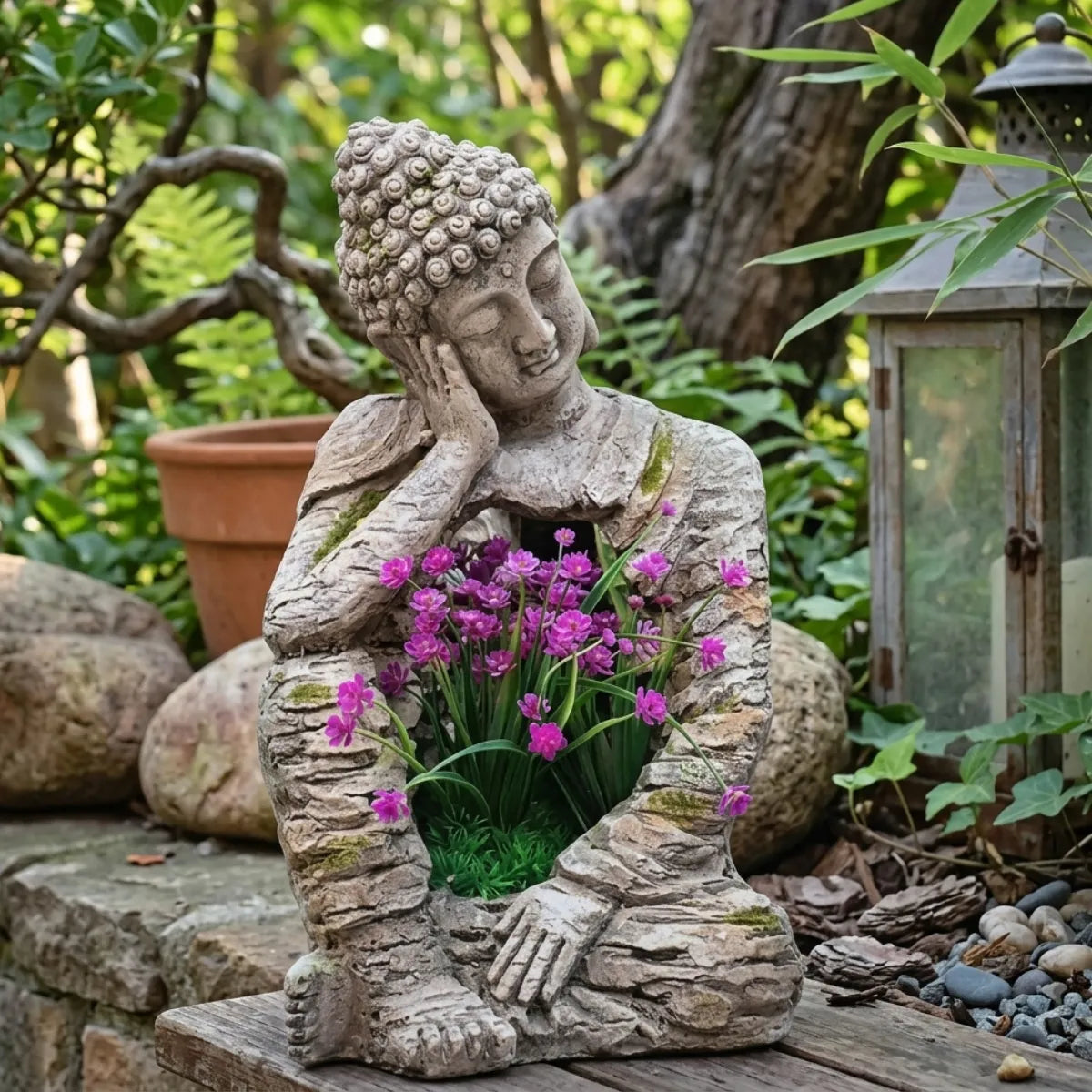 Statue Bouddha extérieur en résine - Paix & Amour